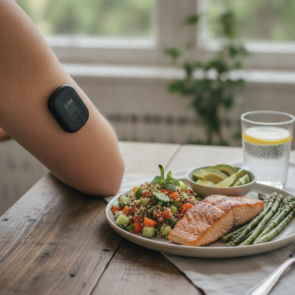 Kontinuierlicher Glukosesensor am Arm neben einer ausgewogenen Mahlzeit