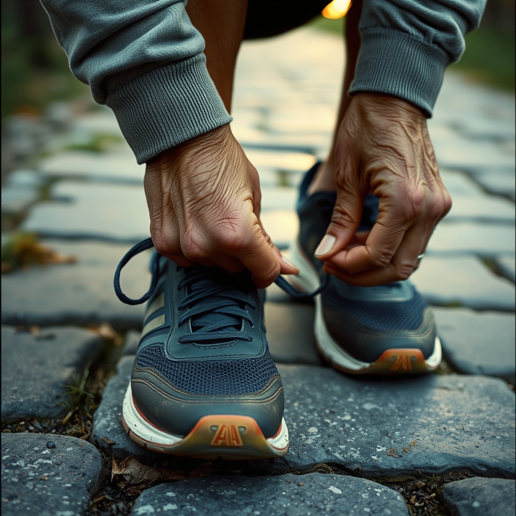 Person schnürt im Morgenlicht die Laufschuhe
